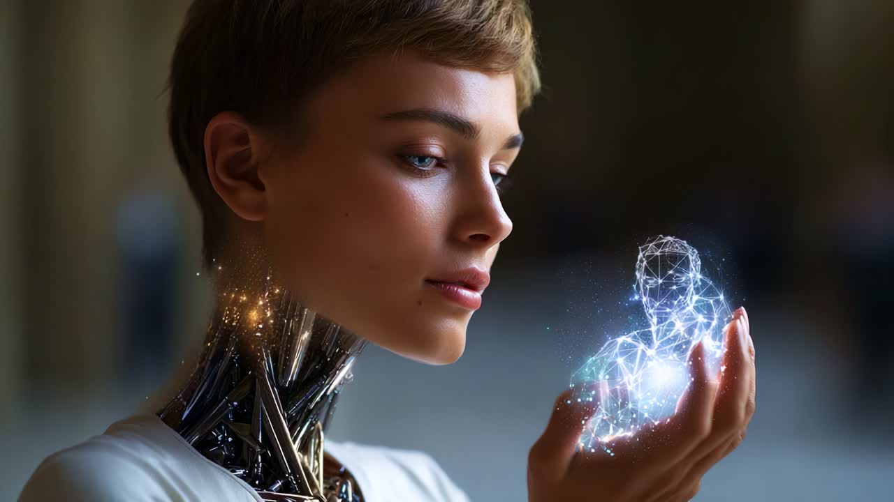 Una scena futuristica che ritrae un robot umanoide che osserva un globo etereo e luminoso nella sua mano, a simboleggiare la fusione tra tecnologia e percezione umana.