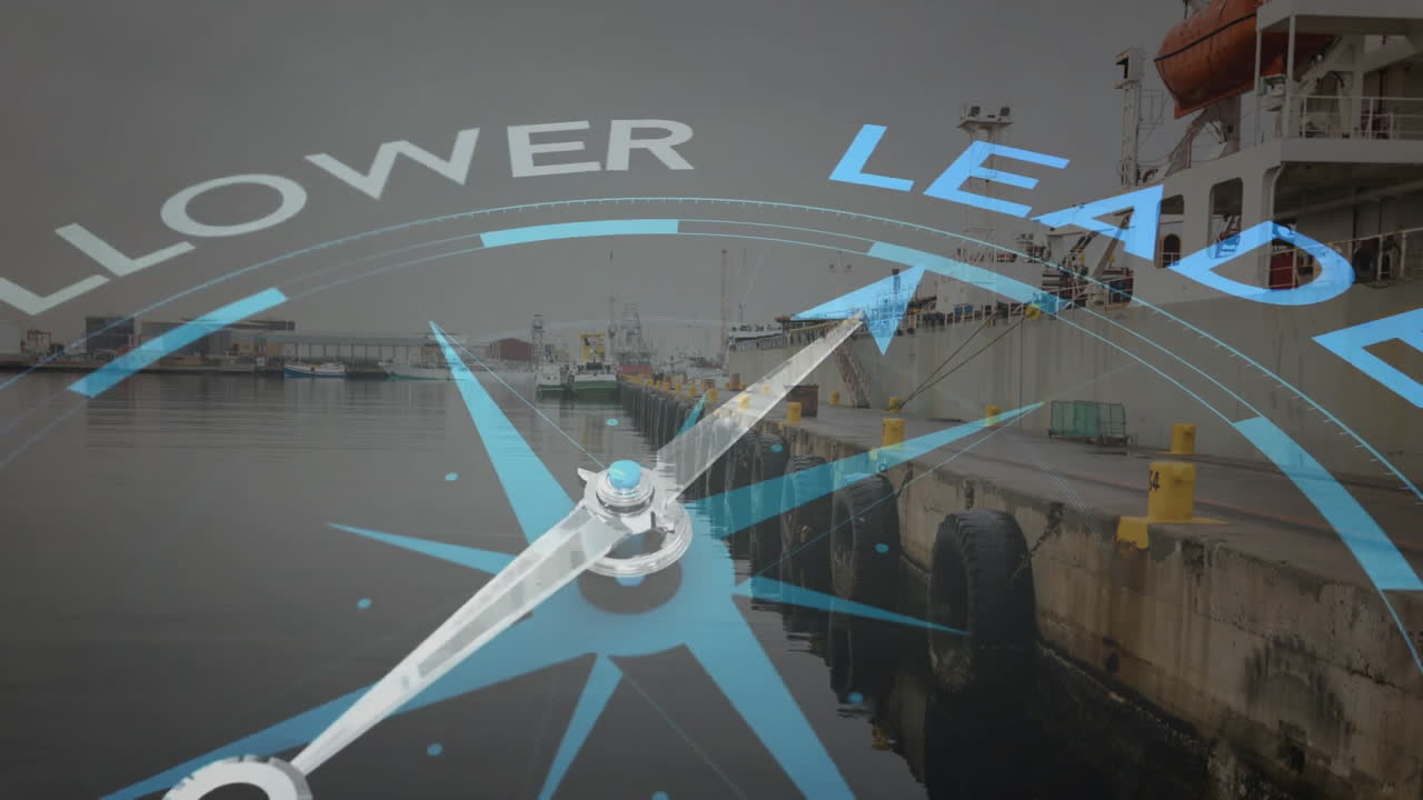 나침반이 회전하는 애니메이션과 조선소 위의 추종자 리더 텍스트