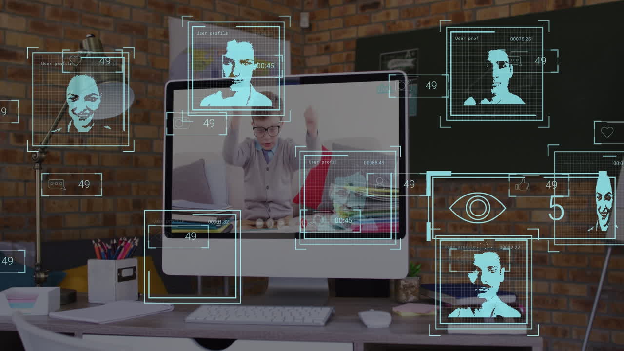 Animation of social media reactions and user icons over computer screen