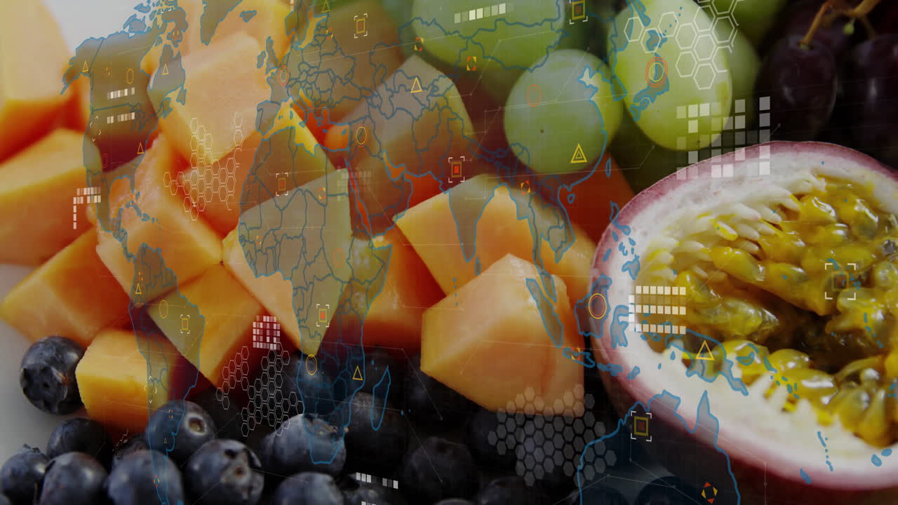 Processing data with digital world map, fresh fruit assortment on table