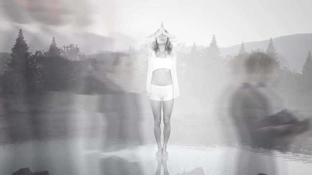 요가를 연습하는 백인 여성 위를  ⁇ 는 사람들의 애니메이션