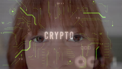 crypto text and circuit board animation over close-up of woman''s eyes