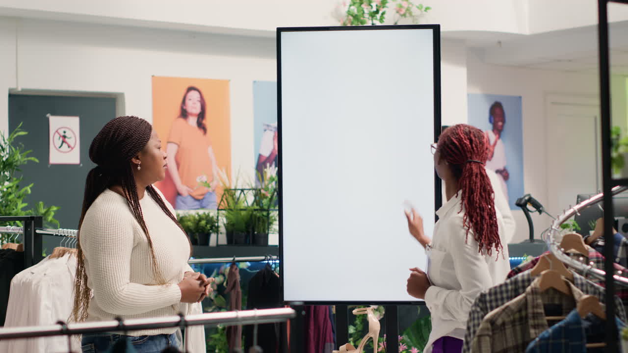 mujer y empleado eligen ropa juntos