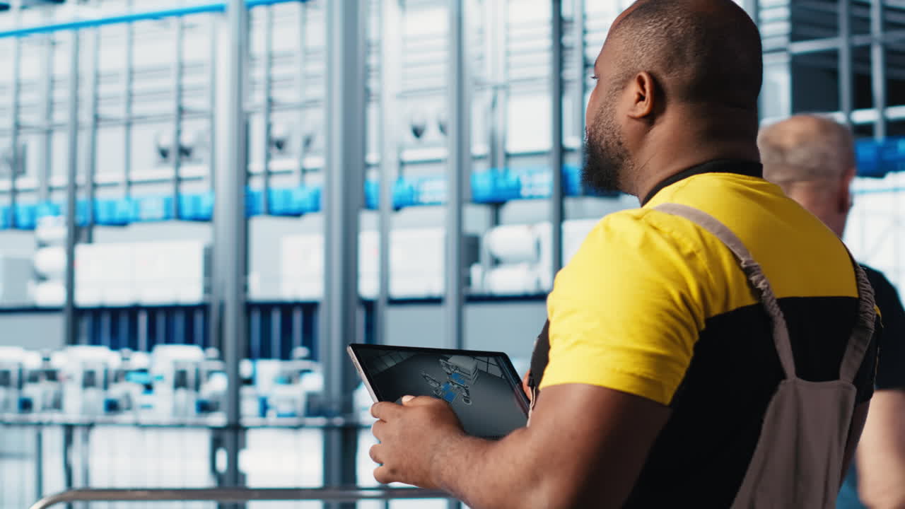 Photovoltaic smart factory engineer uses CAD program on tablet