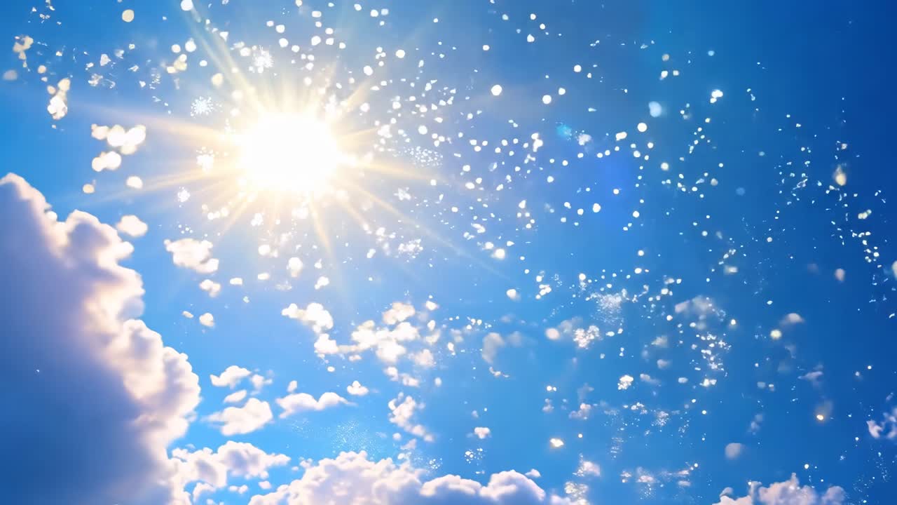 A serene, upward camera angle captures the sun shining through clouds, with sparkling particles