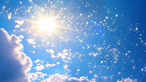 a serene, upward camera angle captures the sun shining through clouds, with sparkling particles