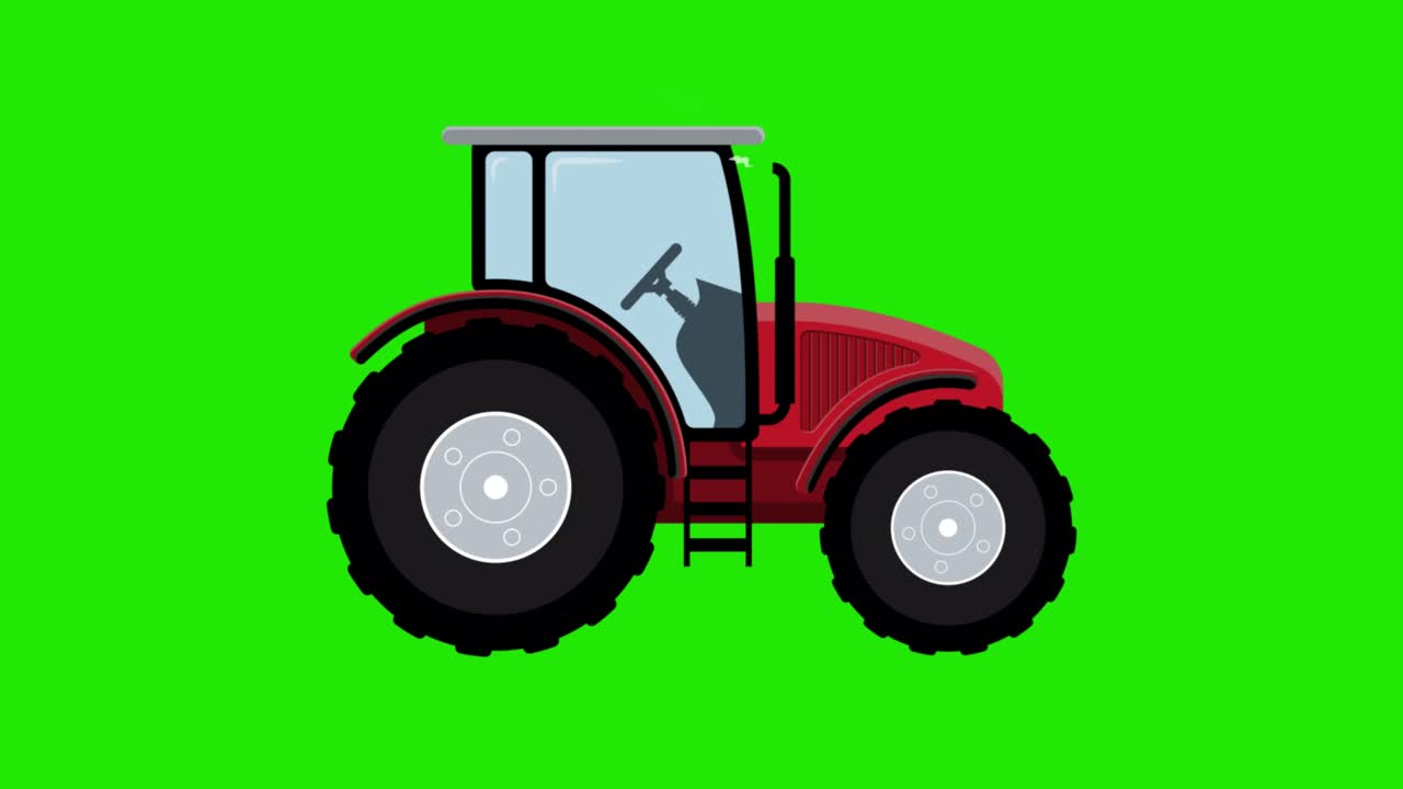 빨간색 트랙터의 애니메이션, 녹색 스크린 배경에서 움직이는 만화 트랙터, 도로를 달리는 농장 차량, 농업 기계, 농장 차의 평평한 디자인, 알파 채널, 4k.