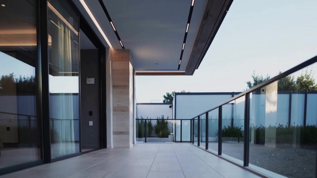 Cámara inclinándose para revelar una terraza cubierta de casa, mostrando un plafón de piedra con luces LED empotradas y una puerta corrediza de cristal.