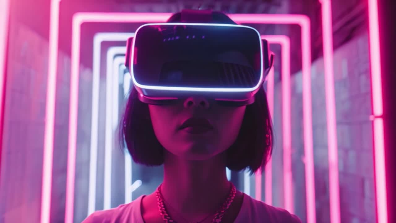 Woman Experiencing Virtual Reality in a Neon Cyberpunk Setting