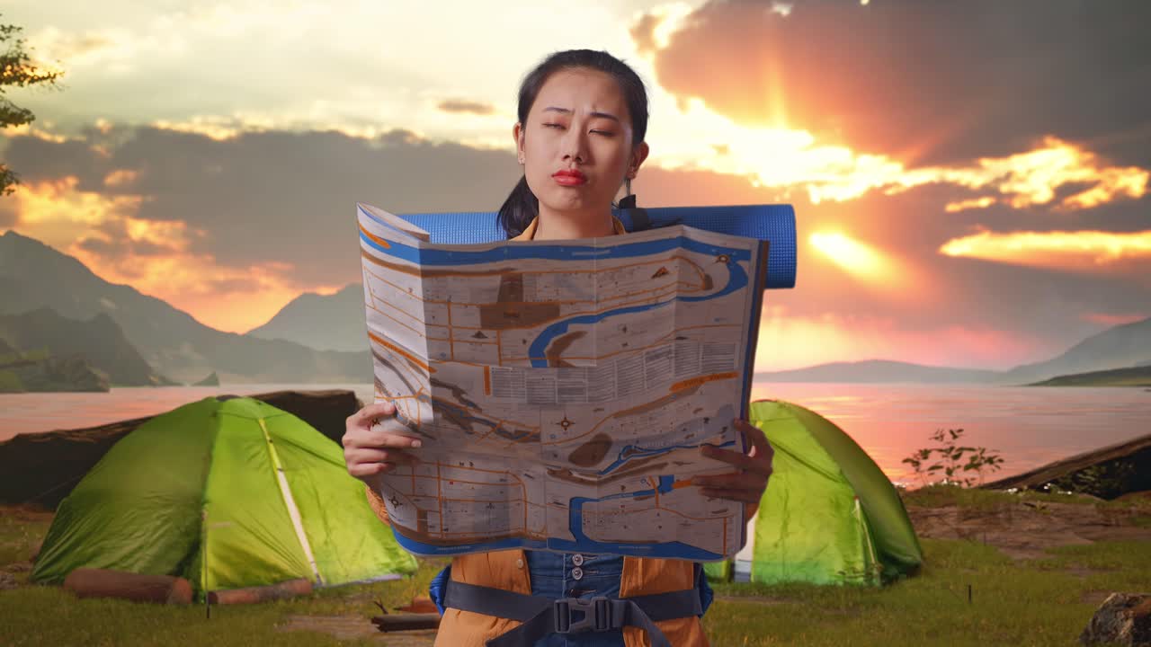 Woman Looking at a Map While Camping at Sunset