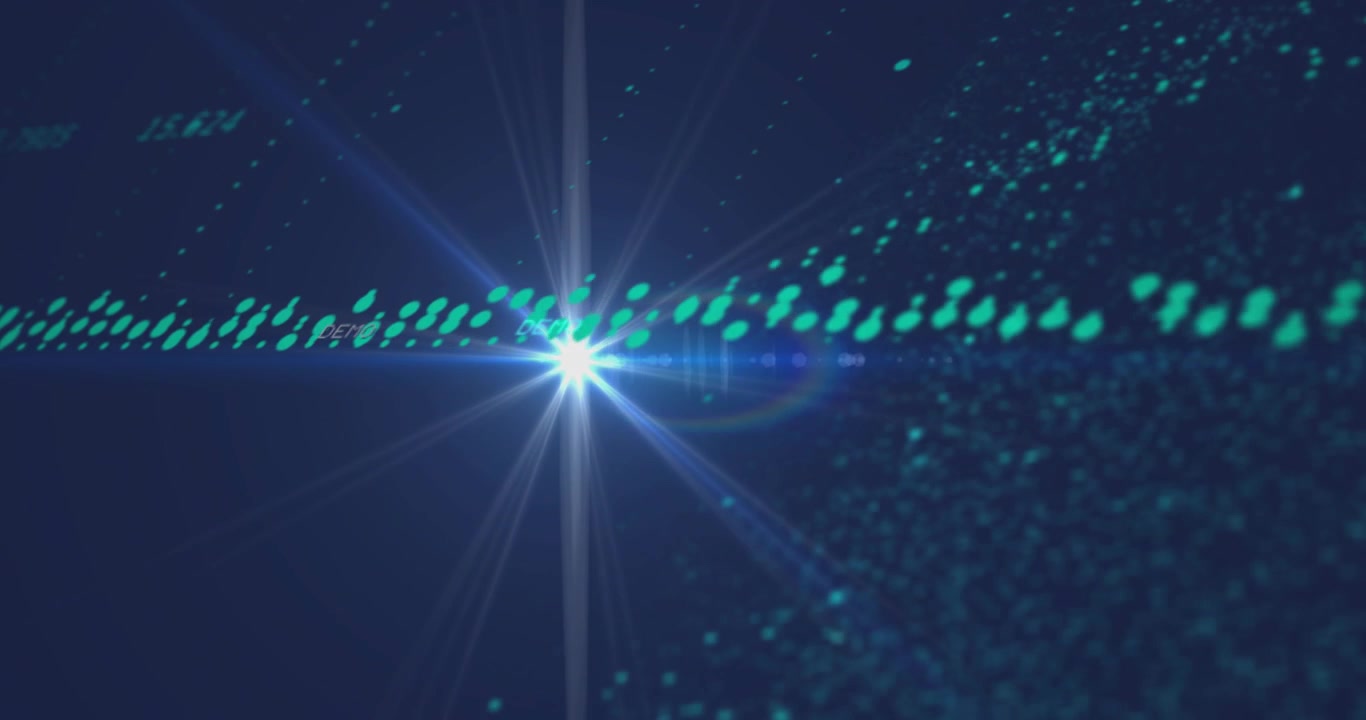 Starburst emerging traveling right over data wave creating lens flare and digits visualizing flow