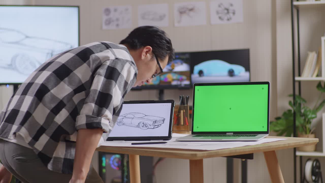 아시아 남성이 앉아서 타블에 자동차 컨셉을 그려내고 있는 측면 뷰 tv와 컴퓨터를 가진 스튜디오에서 녹색 스크린 노트북 3d 전기 자동차 모델을 표시합니다.