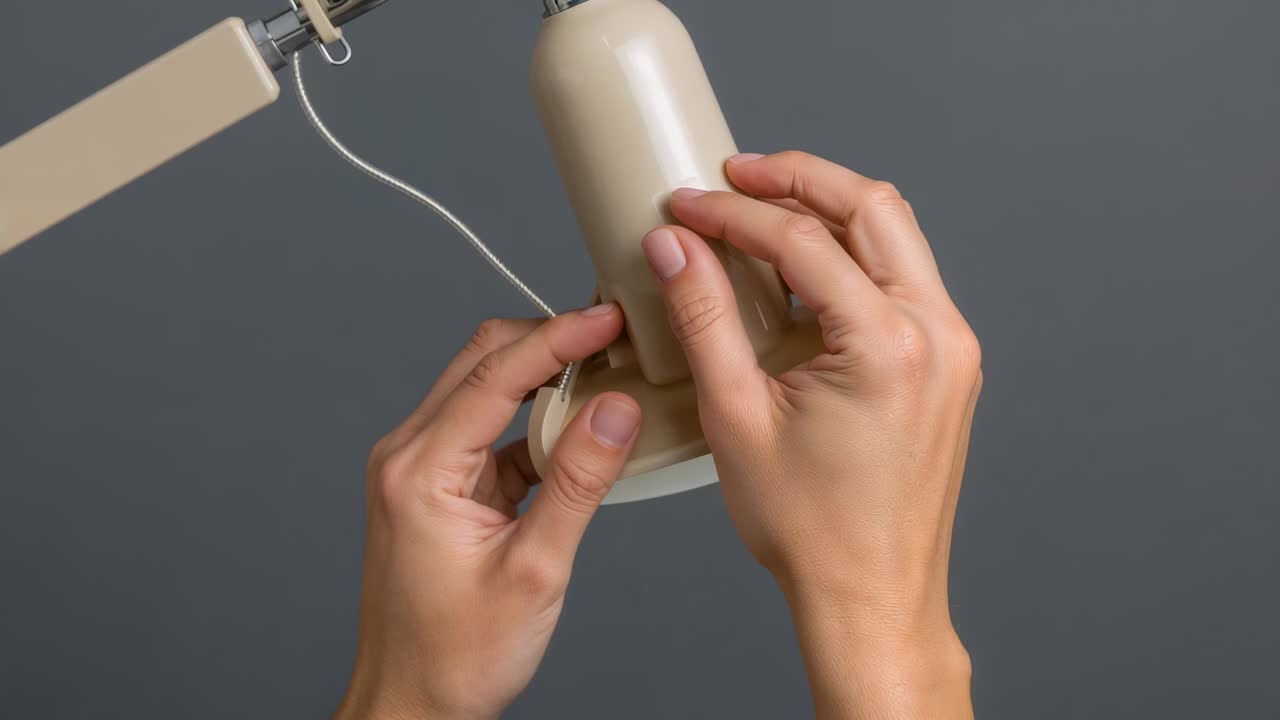 Cradling lamp head, hands rotating lower ring to remove diffuser, showing tabs on grey backdrop