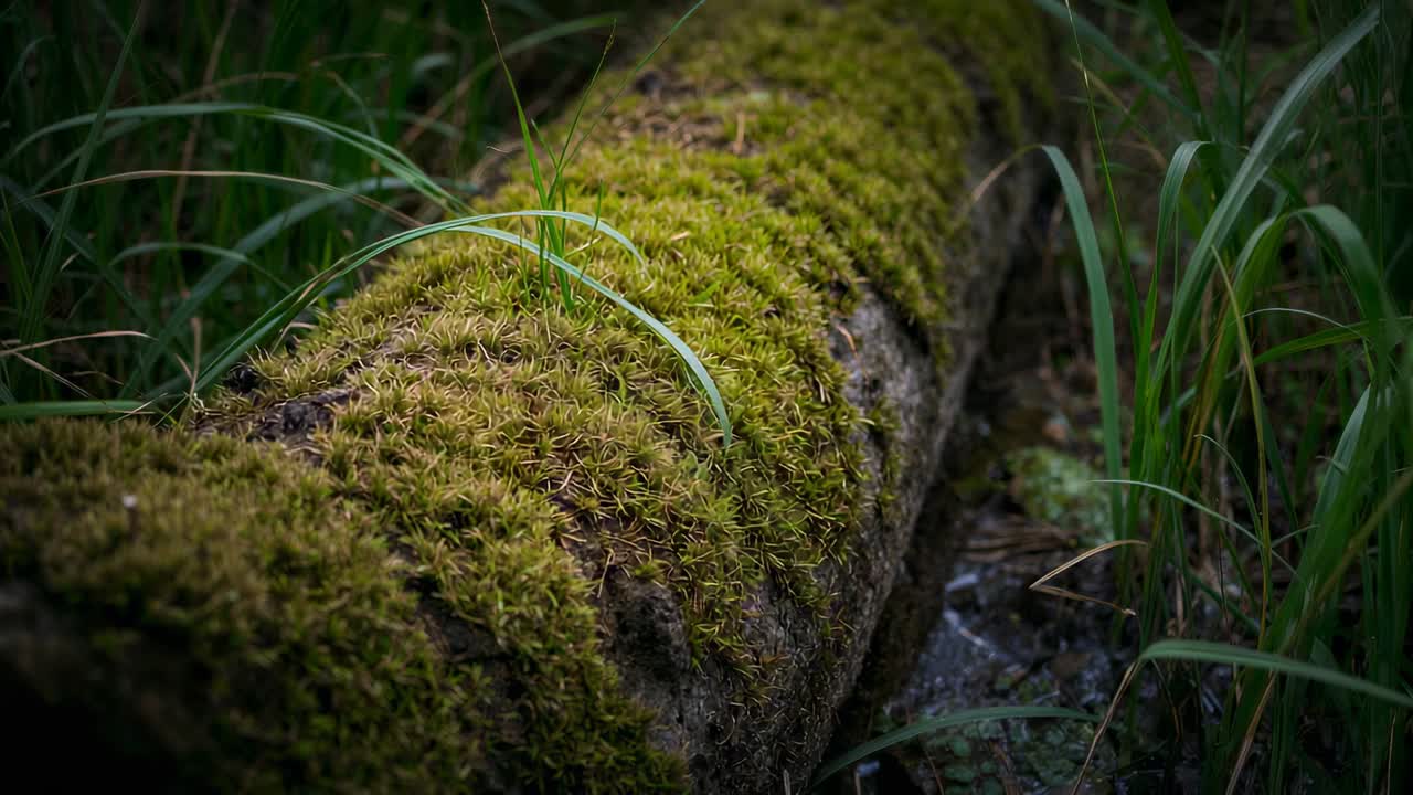 Telecamera in movimento che avanza lungo un tronco muschioso sul suolo della foresta, rivelando erba curva e un fosso umido.