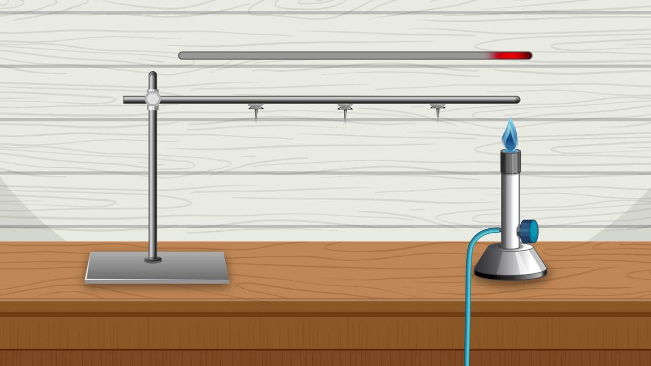 Metal rod heated by Bunsen burner shows heat conduction and melting of wax holding pins