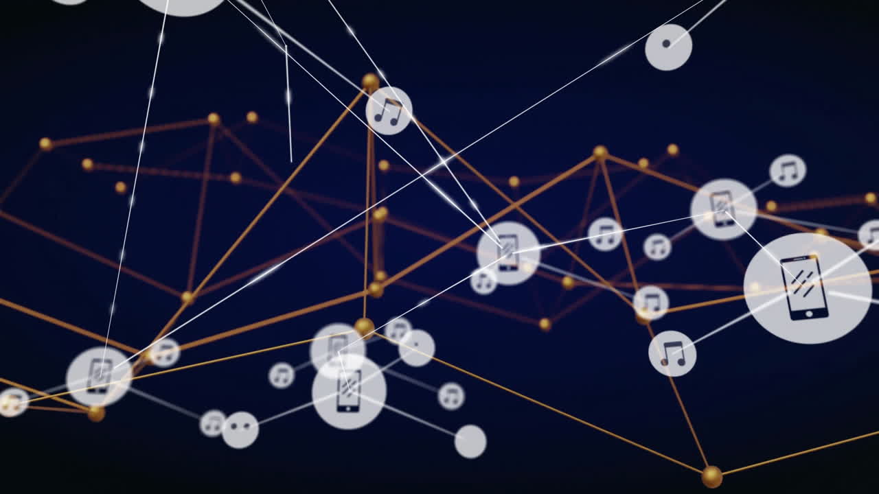 Digital icons network connected by lines, abstract animation on dark background