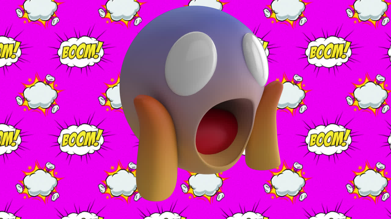 핑크색 배경에 대해 놀란 얼굴 이모지  텍스트 스피치 버블