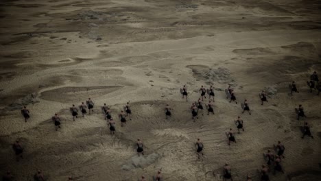 ancient warriors charging in an open battlefield top view