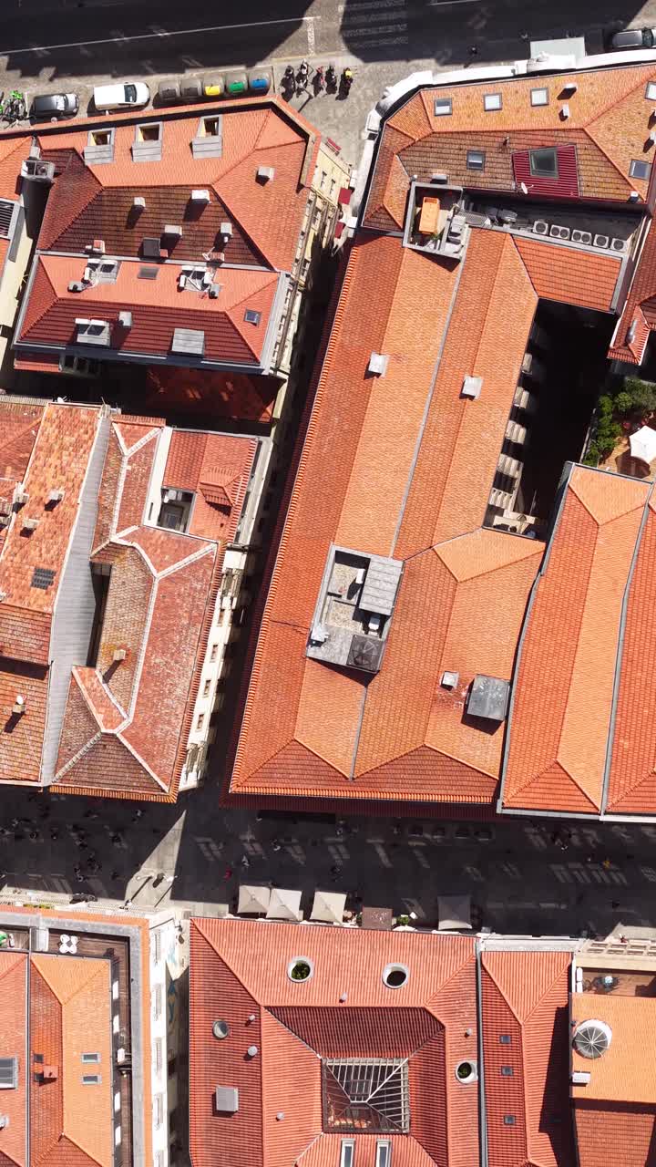 Porto, Portugal. Vertical Top Down Aerial View of Old Town Buildings and Streets