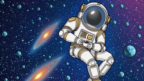 Astronaut floating weightlessly in deep space, savoring steaming coffee while surrounded by starry cosmic landscape, embodying peaceful solitude amid celestial expanse
