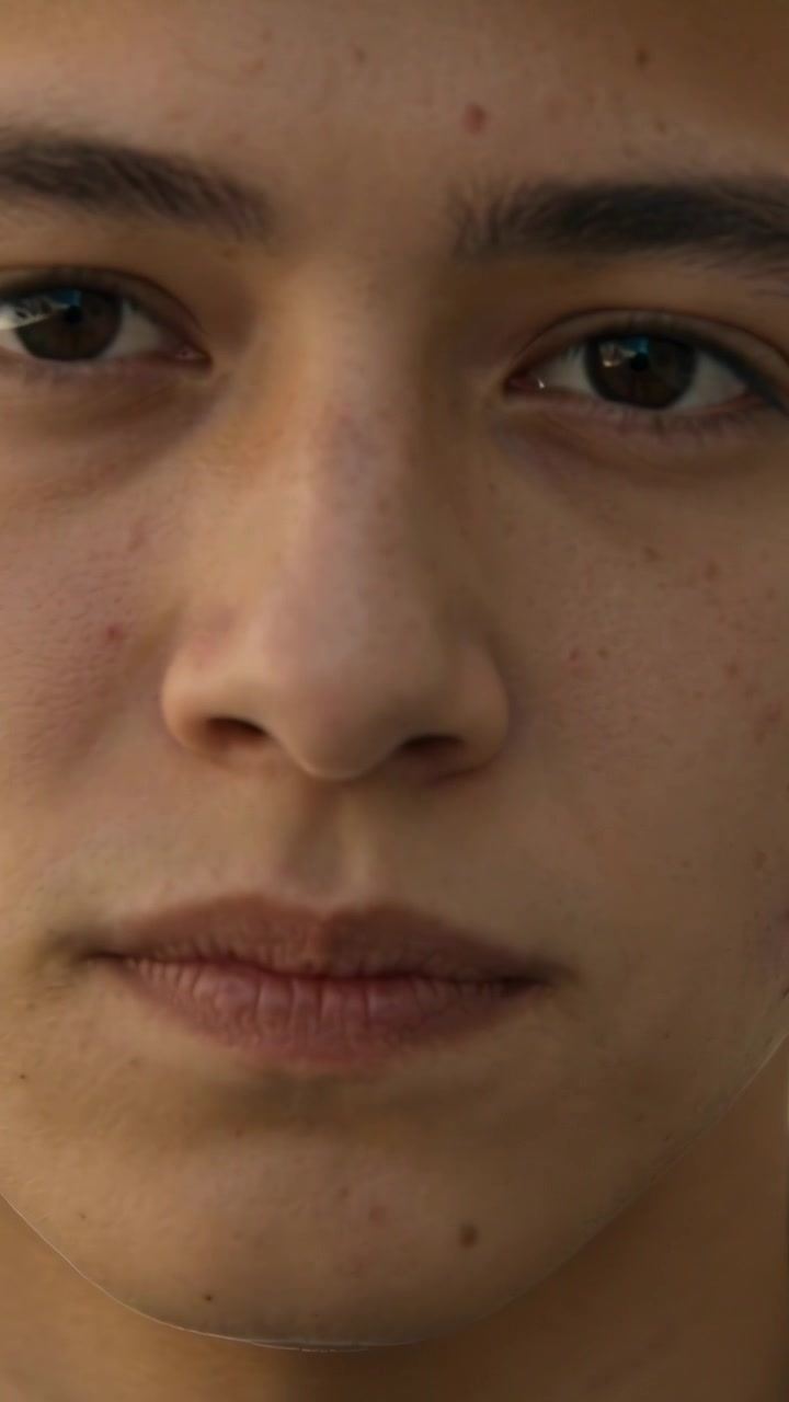 Video verticale: Adolescente che inspira, guarda in alto, sbatte le palpebre, torna in primo piano, preparandosi a parlare.