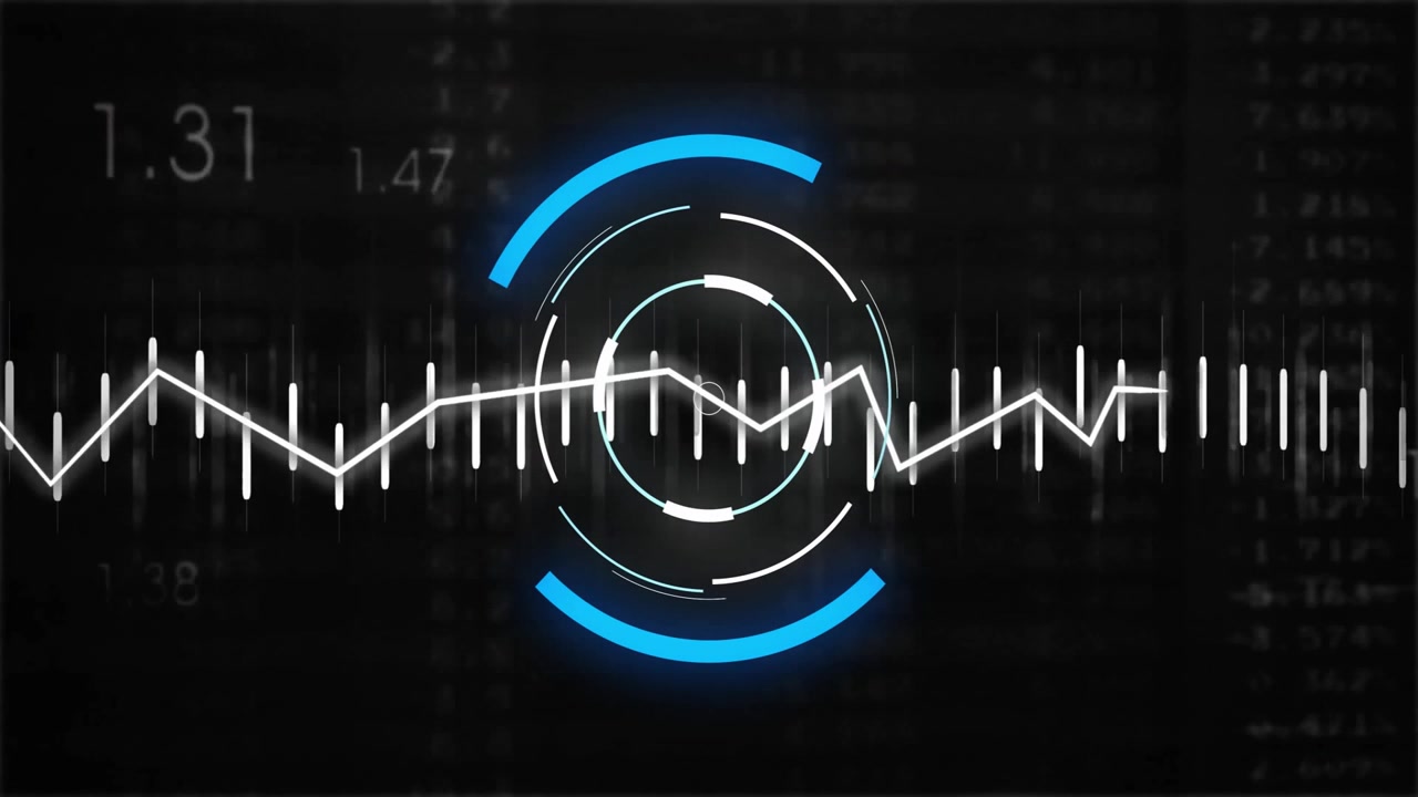 On data arrival circular HUD performing pulsing bars rotating rings and sweeping graph for analysis