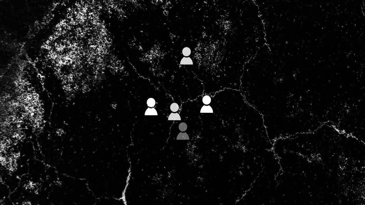 검은색 배경 위에 움직이는 반이는 빛의 흔적 위에 있는 사람들의 아이콘의 애니메이션