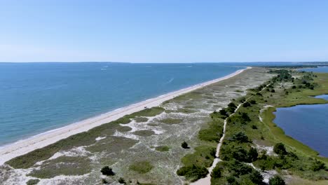 aerial view of the ocean and the national research reserve , the view descends to a wooden footbridge on the beach