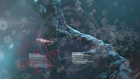 covid-19 cells and data processing over dna structure spinning against blue background