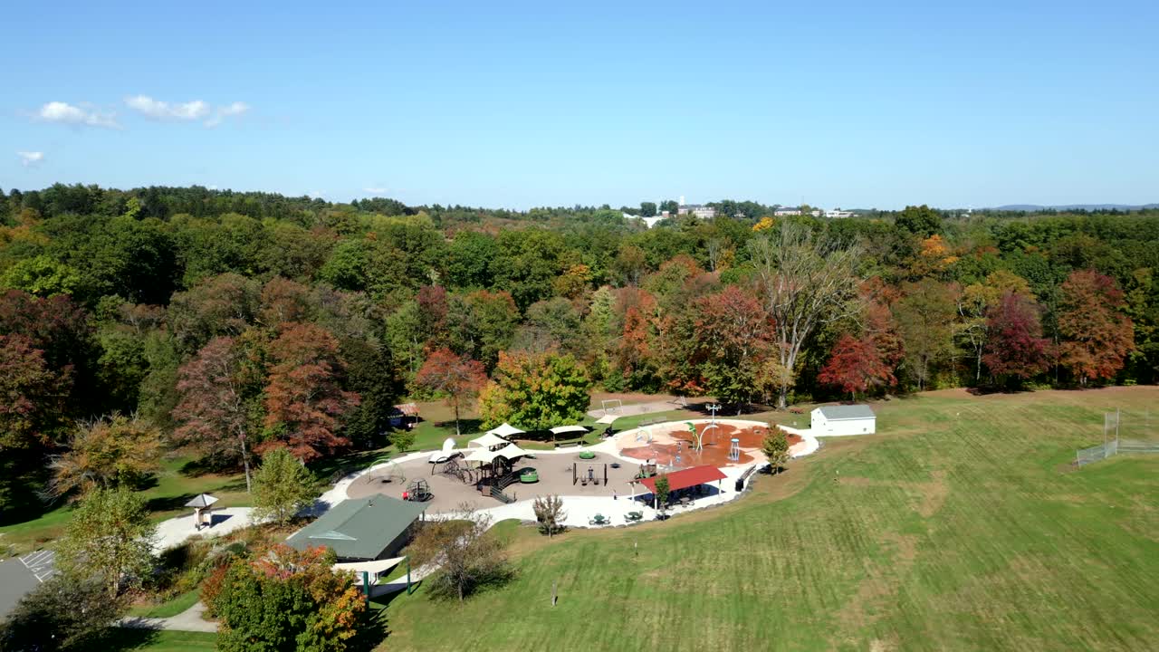 Drone view of Groff Park area with picnic opportunity and resort place plus playground environment for kids, Amherst, Massachusetts, USA