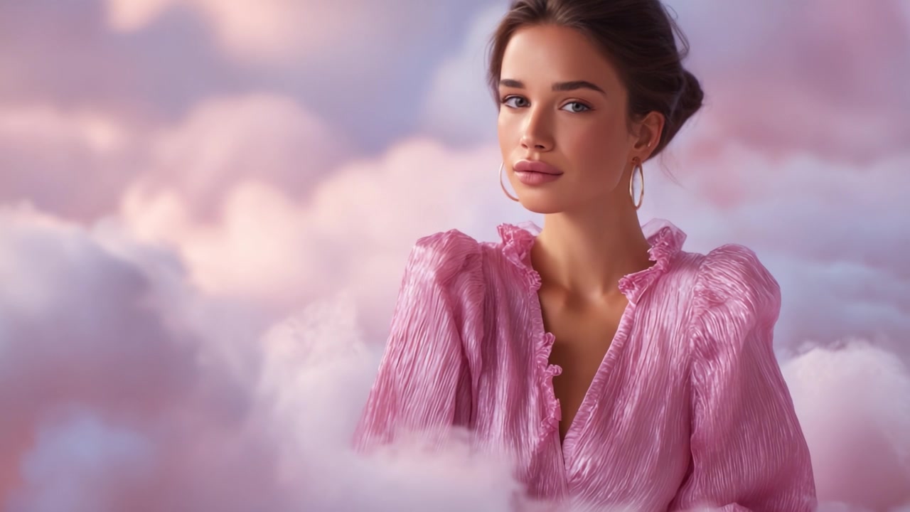 Bellezza Eterea in Rosa: Un Ritratto Accattivante di una Giovane Donna tra Nuvole Sognanti e Pastelli Tenui, che Emana Eleganza e Fascino in un'Ambientazione Fantasiosa