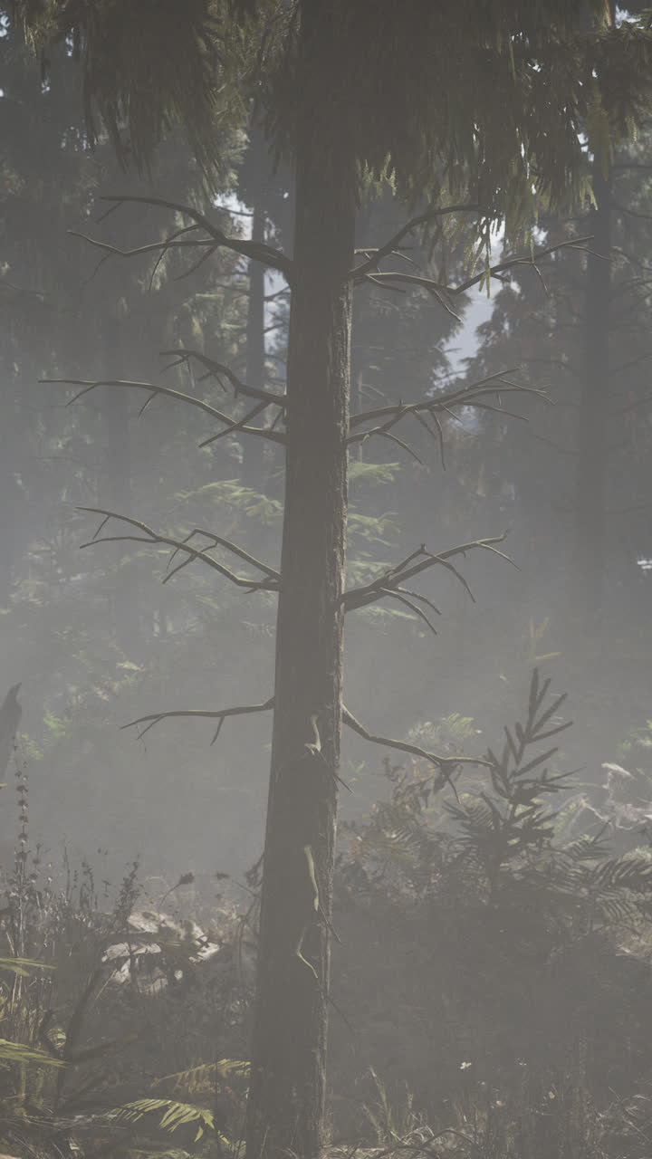 키가 큰 소나무 가 있는 안개 가 가득 한 숲 장면