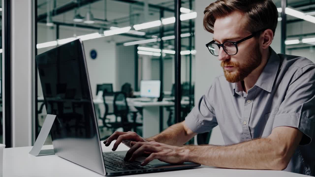 안경을 쓰고 회색 셔츠를 입은 은 머리 사업가, 현대적이고 밝은 사무실 환경에서 전문적인 작업에 집중하여 노트북에서 집중적으로 일합니다.