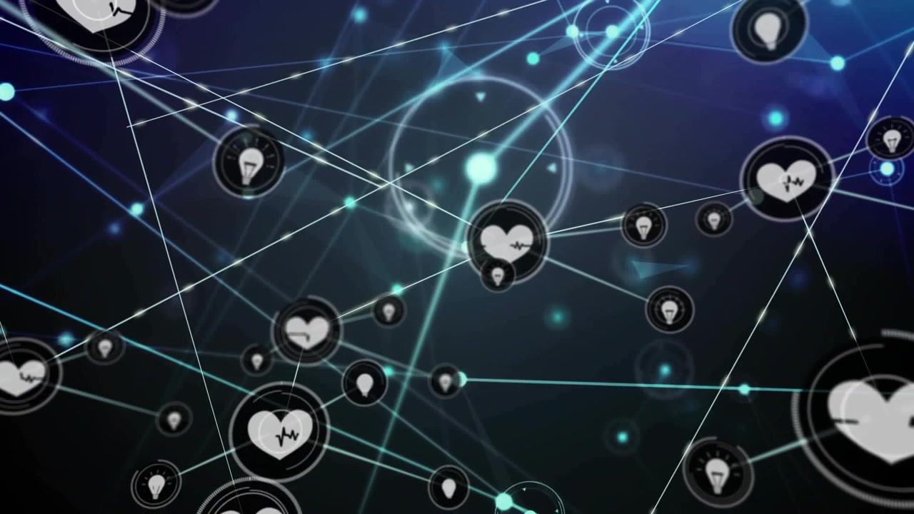 Central heart node appearing, spawning linked heart and bulb nodes, visualizing network growth