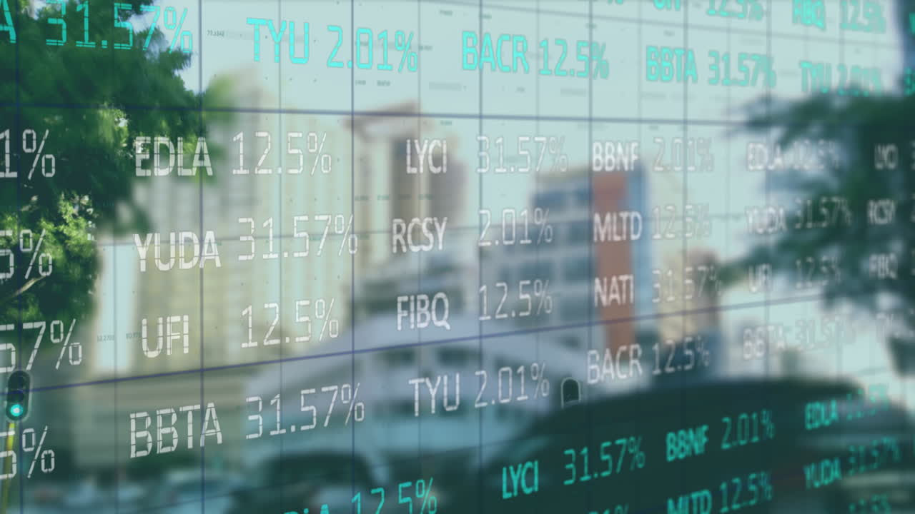 도시 풍경 위의 금융 데이터 처리 애니메이션