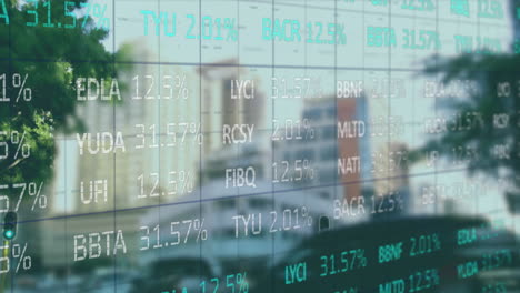 animation of financial data processing over cityscape