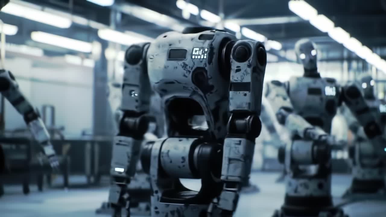 Exploring the Future of Robotics: A Closer Look at Advanced Mechanized Figures in a High-Tech Manufacturing Environment