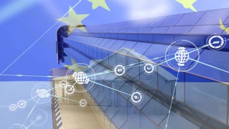 animation of network of connections with icons over modern office building