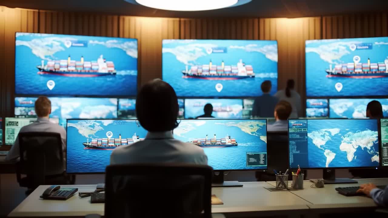 Monitoring Shipping Logistics: A High-Tech Control Room with Multiple Screens Displaying Real-Time Vessel Tracking and Data Analysis of Oceanic Routes