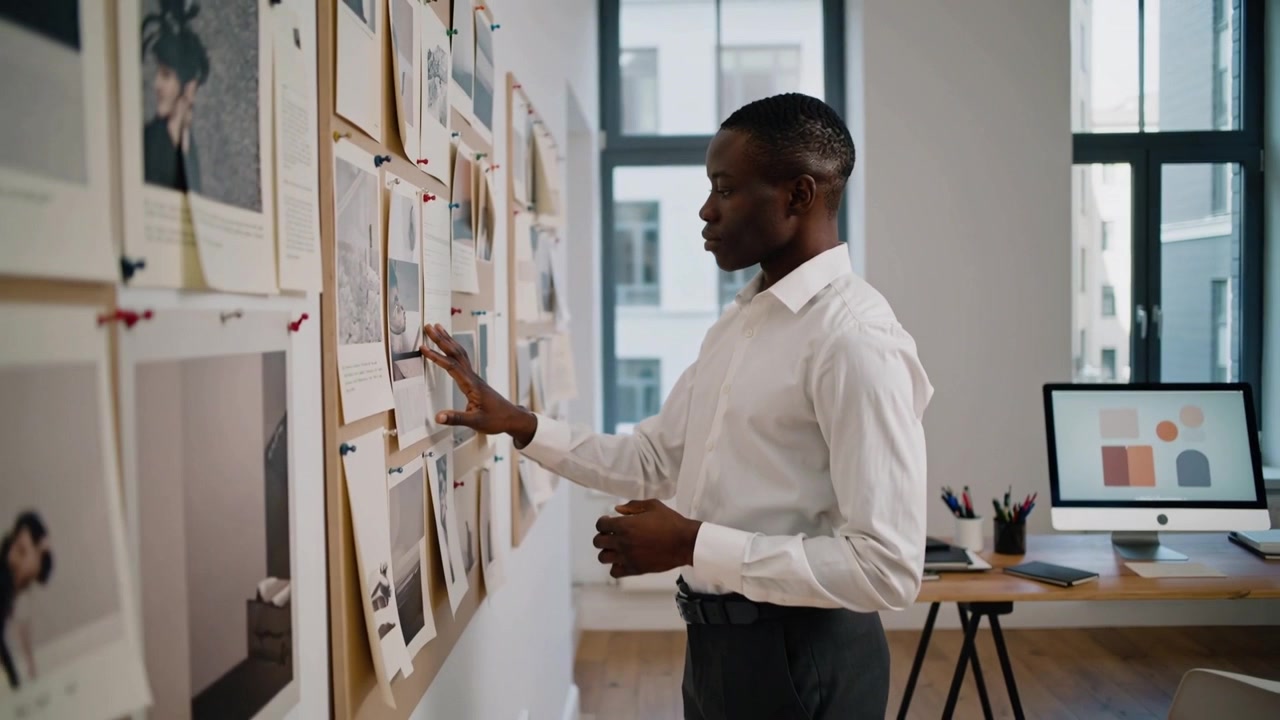 Touching first print, designer in white shirt, dark pants adjusting corkboard at studio, copy space