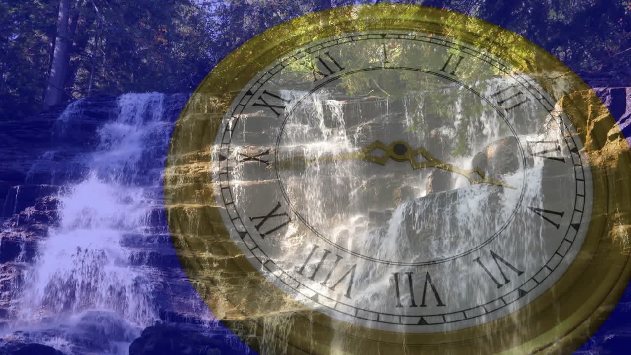 Animation of clock face overlaying waterfall, blending nature and time concepts