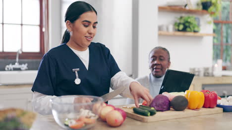 nurse, senior woman and kitchen with tablet