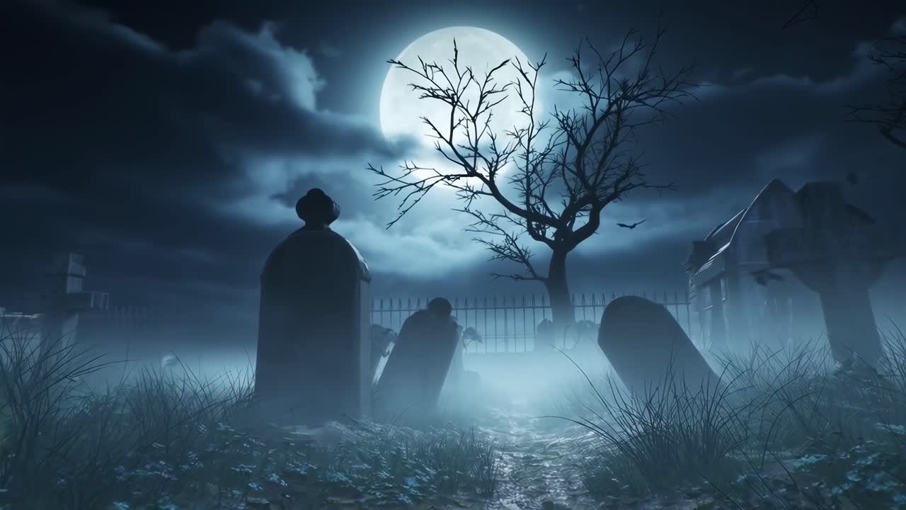 Cimitero inquietante di notte con la luna piena, inquadratura dal basso. Perfetto per un video spettrale. Live desktop