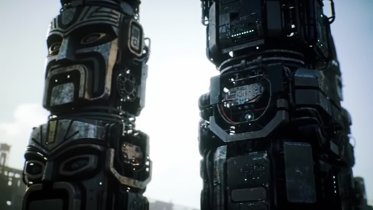 Intricate Mechanical Totems Stand Tall Against a Blurred Background, Showcasing Advanced Technology and Unique Designs in a Futuristic Landscape