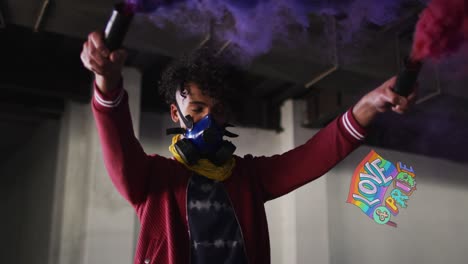 animation of rainbow love and pride over african american man with flare