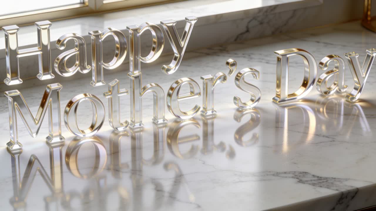 Glinting Happy Mother's Day sign shifting reflection on marble top from slow camera pan at window