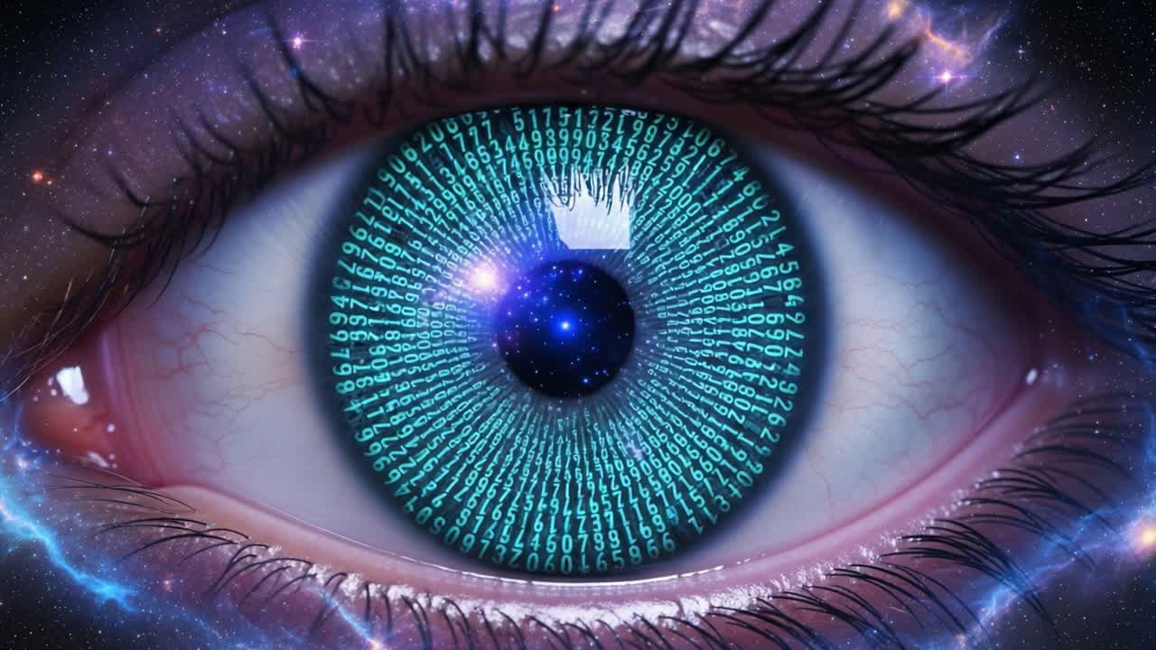 A Journey Through Digital Realms: The Eye Transforms from a Binary Code Galaxy to a Radiant Green Orb of Cosmic Energy in Two Stunning Frames