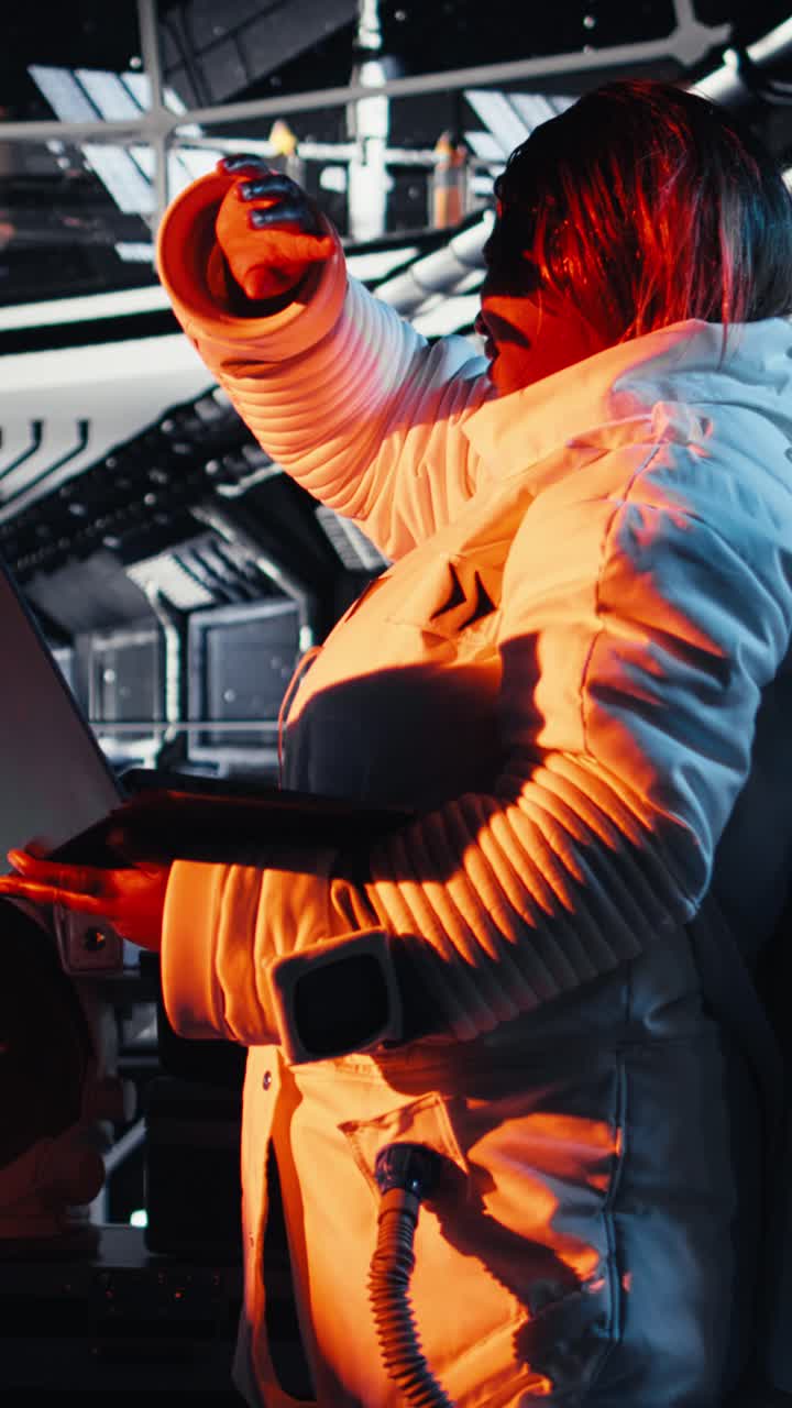 Vertical video Astronaut waves hand, communicating with command center to share discoveries