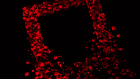 abstract rectangle frame created by tiny cubes flying on black background. animation. small geometric figures in a form of square falling apart and moving into all the sides