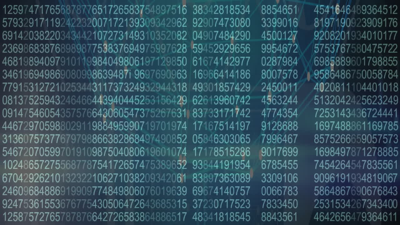 Animation of numerical data and binary code flowing over abstract digital background